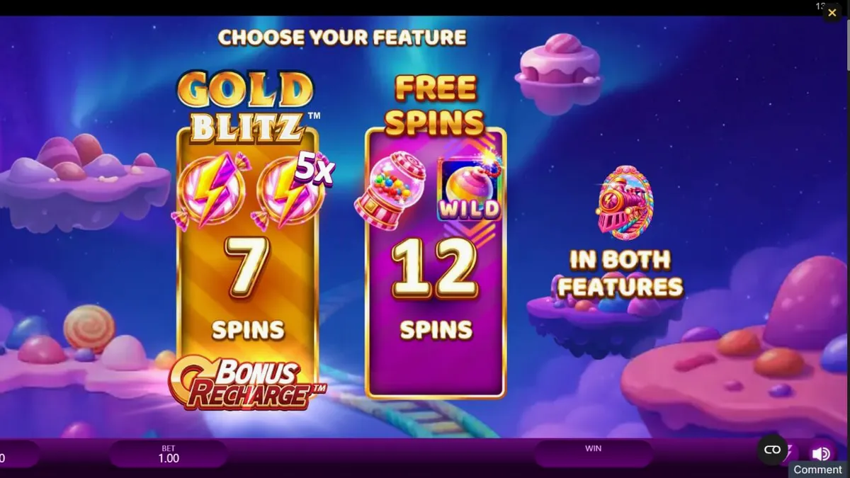 Candy Express Gold Blitz slot game interface na may makukulay na kendi at tren