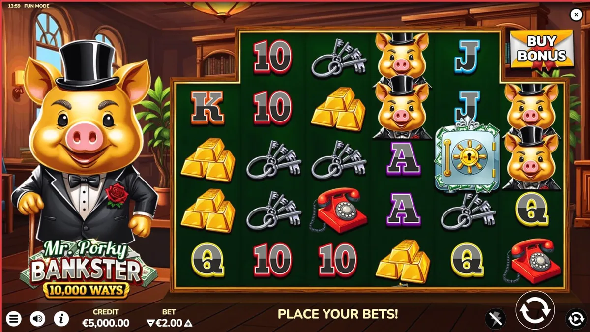 Mr. Porky Bankster 10,000 Ways slot game interface sa isang mobile phone